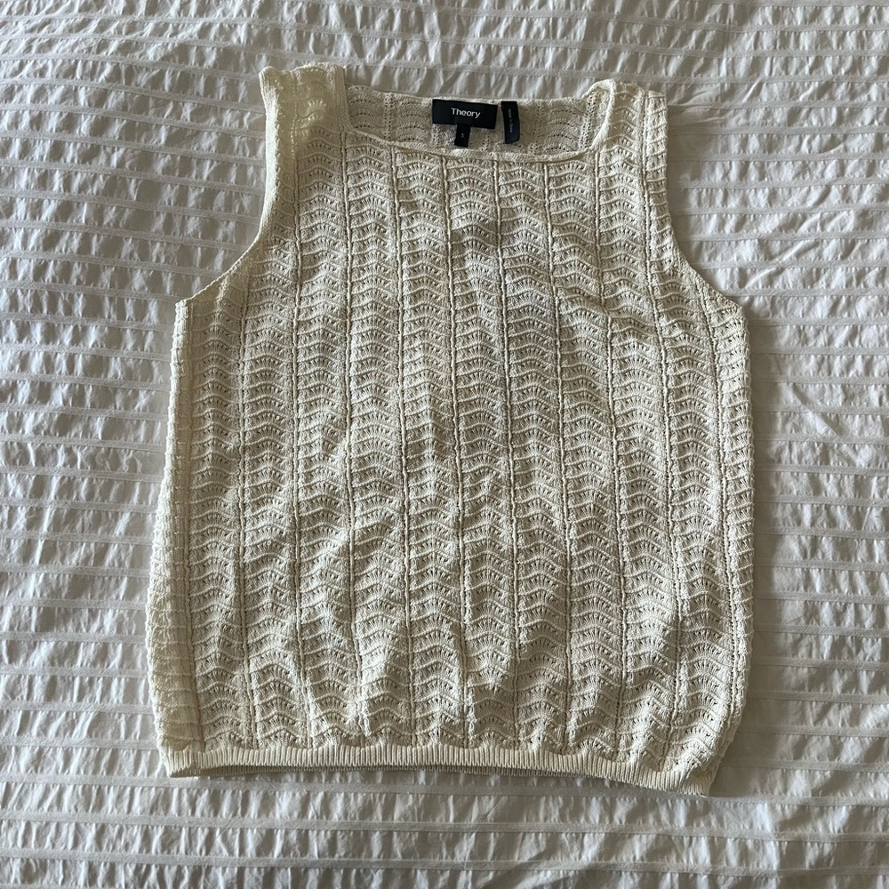Theory Ivory Pointelle Knit Square Neck Tank Top